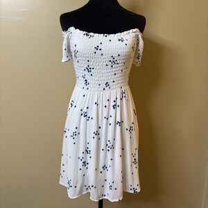 Lulu's White and Navy Off-Shoulder smocked Mini Dress